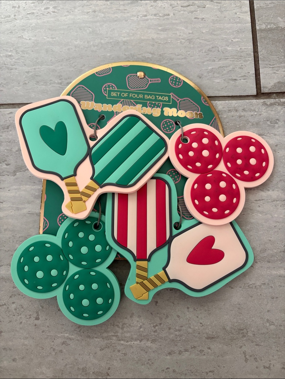 Wandering Moon Teal, Red & Green Pickleball Bag Tag Set